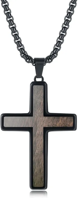 Wooden Cross Necklace for Men, Hand Inlaid Real Ebony Gold Stainless Steel Mens Cross Necklaces, Christian Black Wood Crucifix Pendant 24" Box Chain