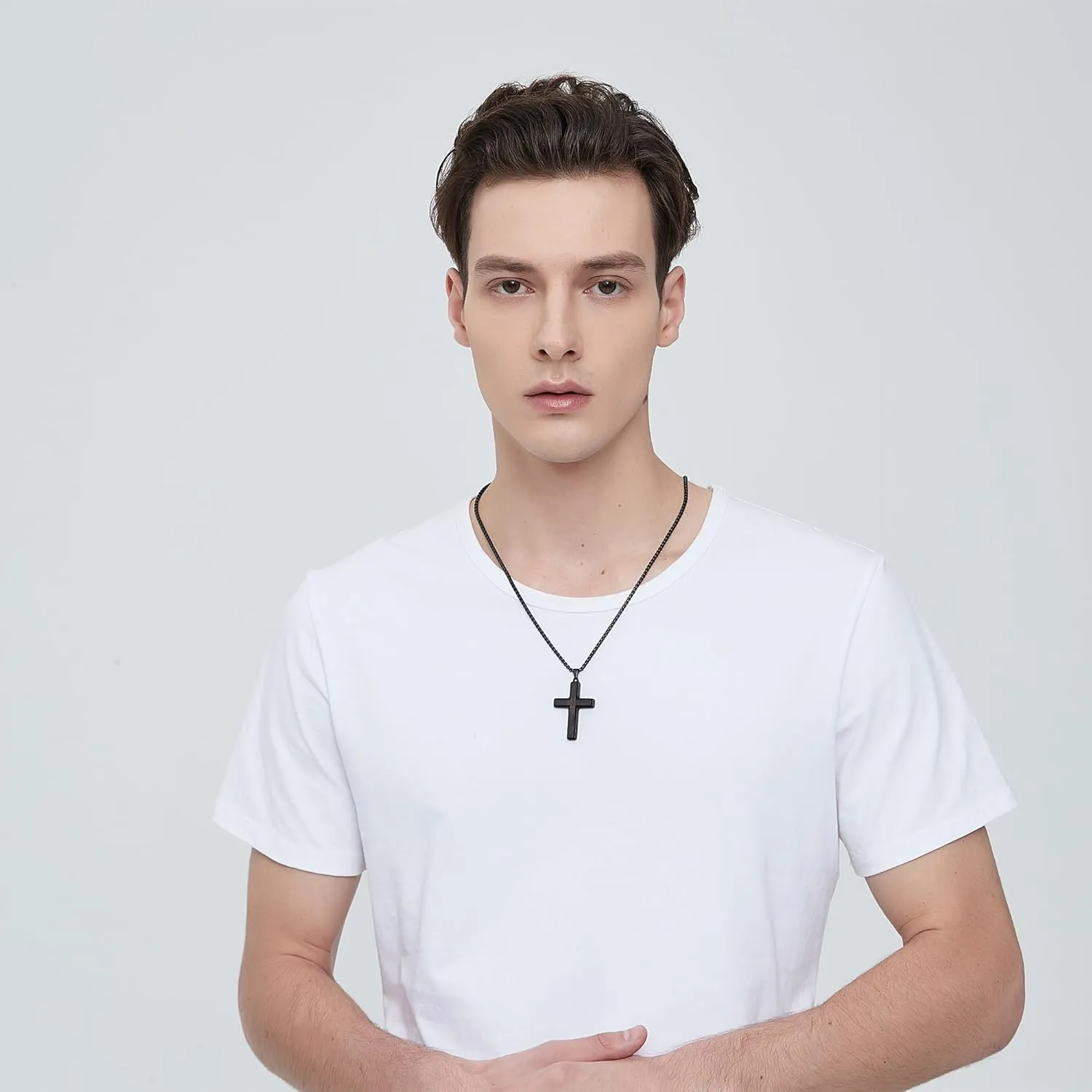 Wooden Cross Necklace for Men, Hand Inlaid Real Ebony Gold Stainless Steel Mens Cross Necklaces, Christian Black Wood Crucifix Pendant 24" Box Chain